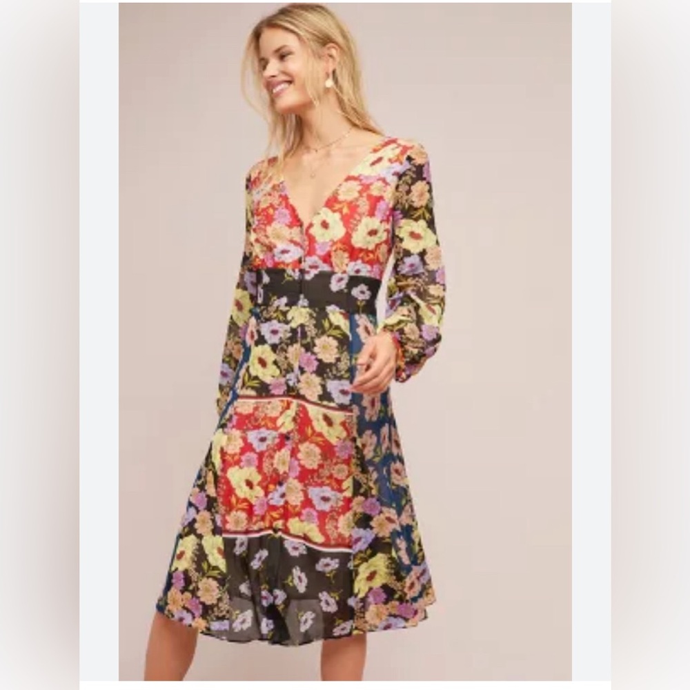 Maeve Floral Midi Dress in Black, Red, Yellow, Purple